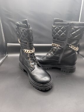 Shoe Dazzle Black Quilted Combat Boots with Gold Chain